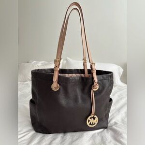 MICHAEL Michael Kors Dark Brown Pebbled Leather Tote with Tan Straps